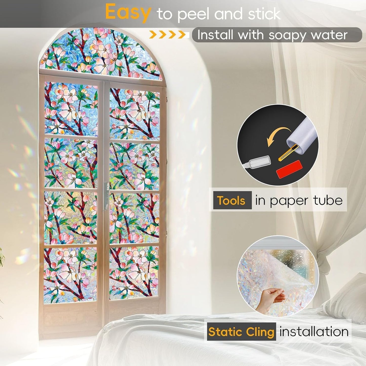 Rainbow Window Privacy Film Decorative, 3D Decals Stained Glass Clings, Static Cling Sticker, Suncatcher Windows Cover Tint for Home, 29.5 inch x 78.7 Inch