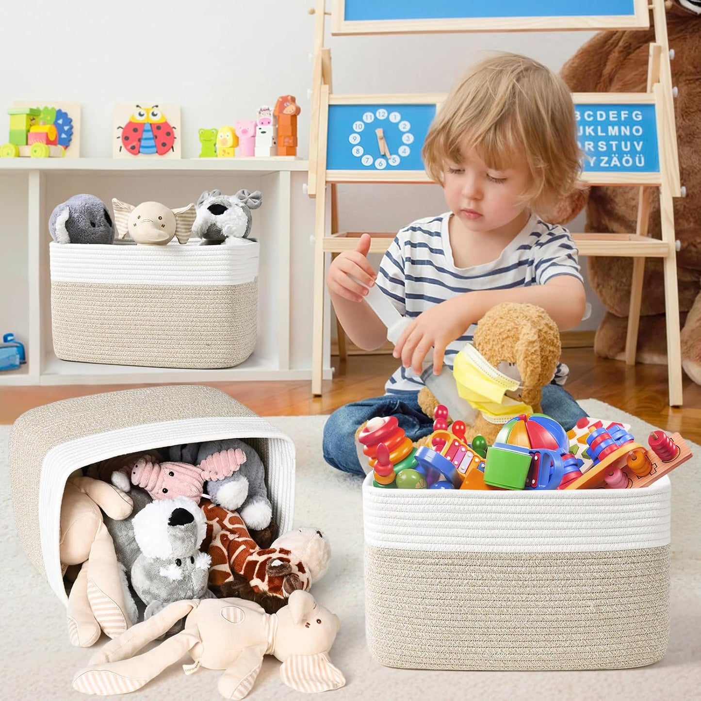 Shelf Baskets for Organizing, Woven Storage Basket for Shelves, Cotton Rope Storage Bins for Toys Books, Nursery Towel Baskets for Classroom, 14.96"X9.8"X8.85", 3-Pack White/Brown