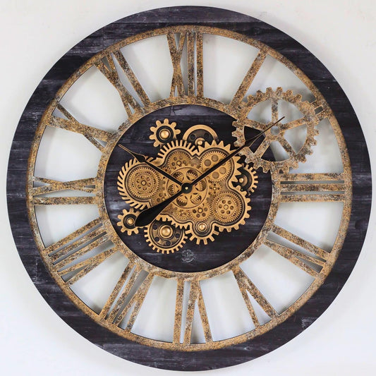 The Gears Clock 36'' Inch Real Moving Gear Wall Clock Vintage Industrial Oversized Rustic Farmhouse (Vintage Black Wood and Bronze)