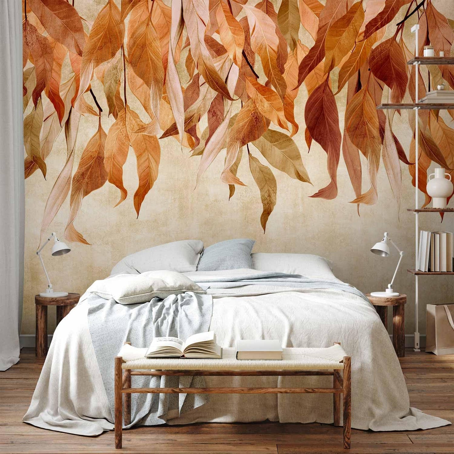 artgeist Premium Wall Mural Hanging Leaves 197x138 in - Non-Woven Wallpaper Fleece Wall Decor Photo Print Picture Image Design Nature Botanical Concrete Orange Beige b-C-10146-a-c