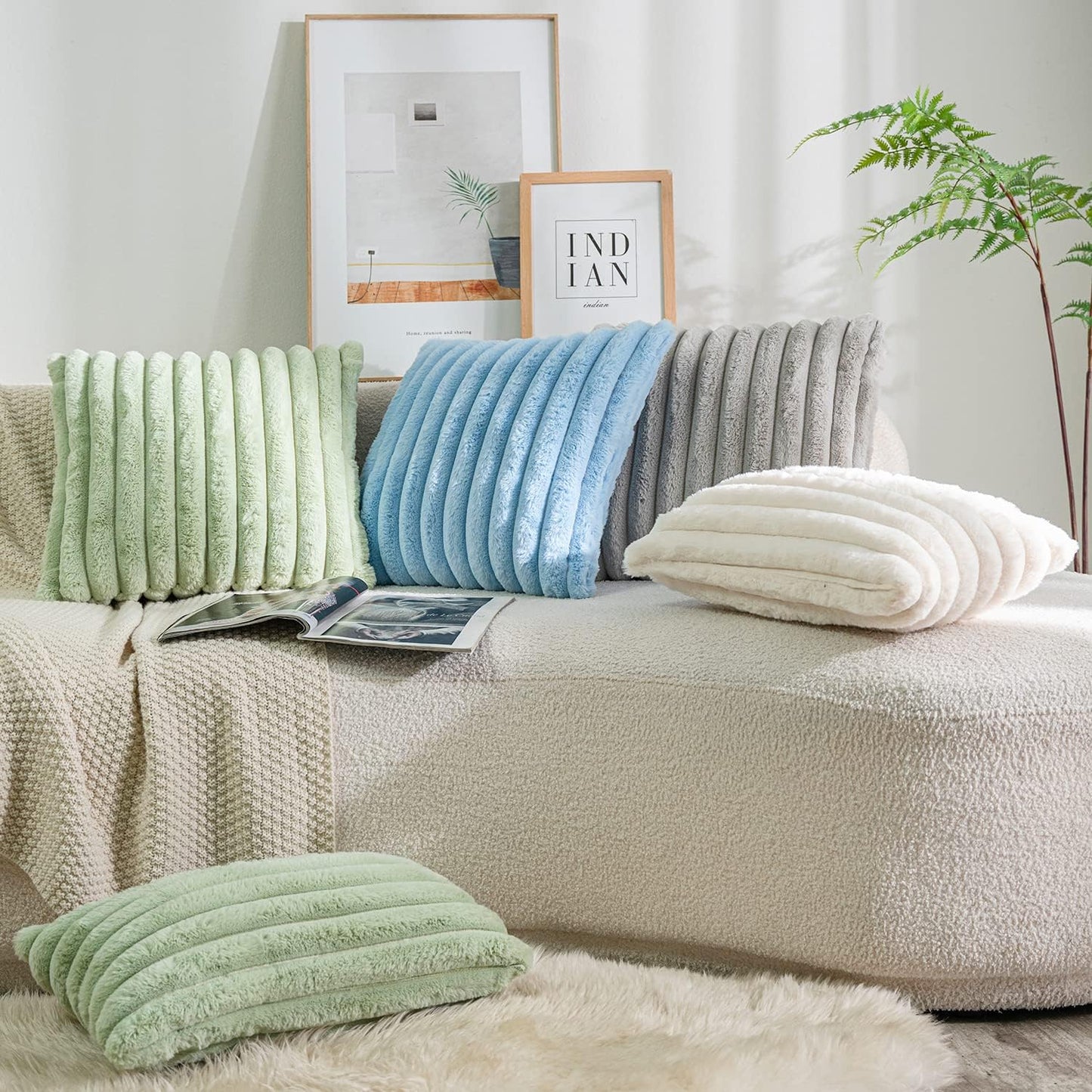 DEELAND Pack of 2,Double-Sided Faux Fur Plush Decorative Throw Pillow Covers Fuzzy Striped Soft Pillowcase Cushion Covers for Sofa Couch Bedroom Lightgrey 24x24 inch