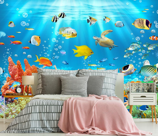 Undersea Wallpaper The Underwater World Turtle Goldfish Clown Fish Wall Mural for Bedroom Living Room (Not Peel n' Stick)