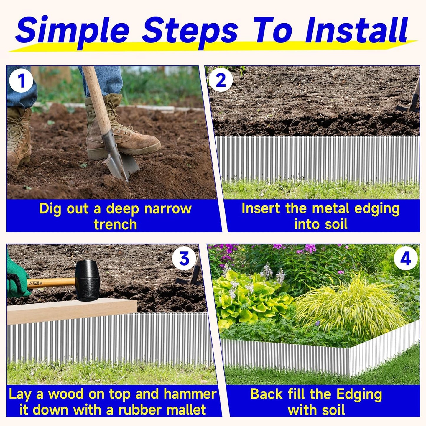 Corrugated Garden Edging,8"×20Ft Galvanized Steel Landscape Edging & Lawn Edging Border,Metal Garden Border for Flower Beds,Garden,Lawn,Raised Beds & Tree Surrounds(Silver)