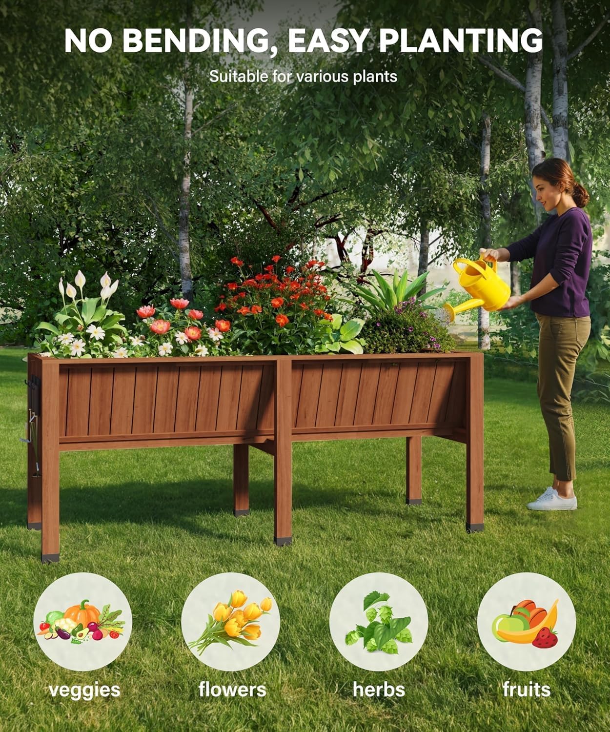 72x26x31 Inch Raised Garden Bed with Legs, 13.7In Depth Wooden Planter Box for Outdoor Growing Vegetables and Herbs, Elevated Garden Bed with Hooks for Backyard, Patio, Balcony