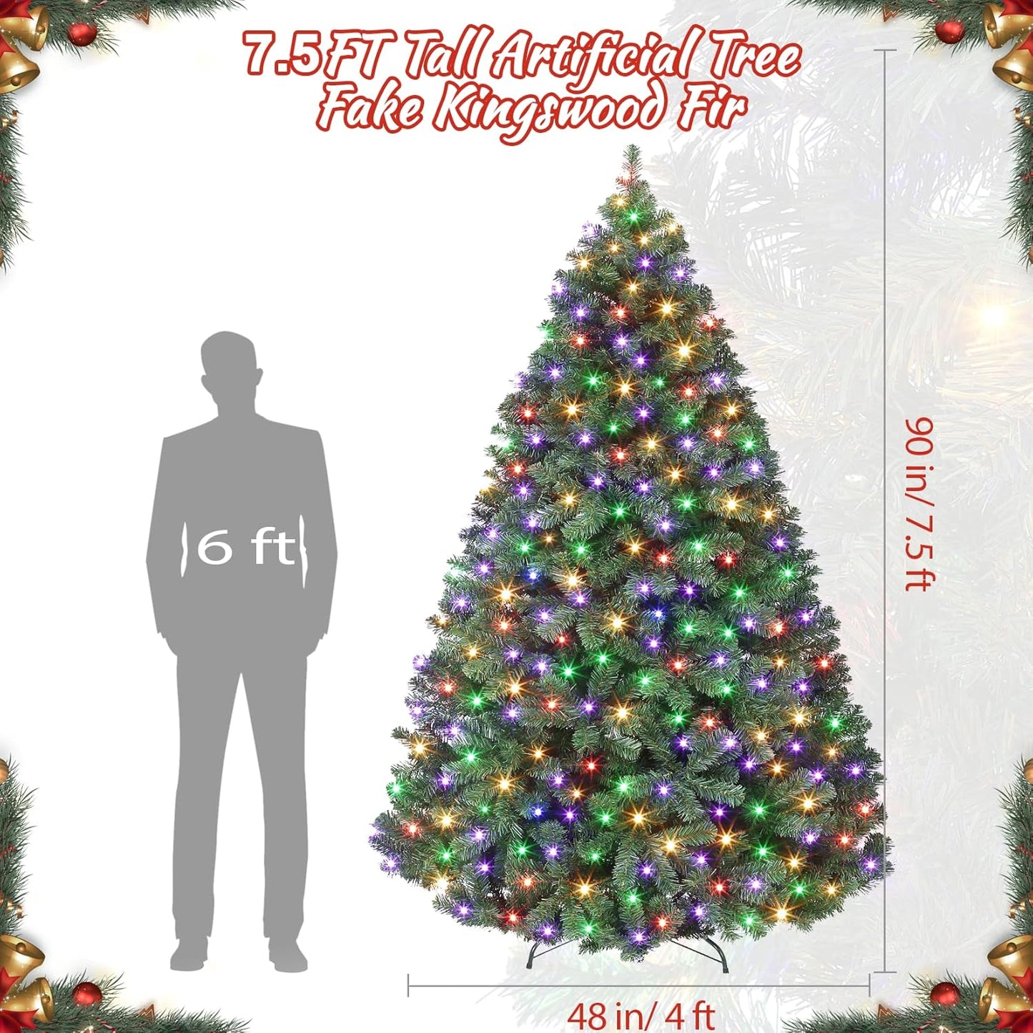 7.5ft Prelit Christmas Tree - Fluffy Fraser Fir with 600 Multicolor Lights & 9 Modes, Hinged Branches & 1300 Tips, Artificial Christmas Tree Includes Stand with Foot Switch for Holiday Home Decor