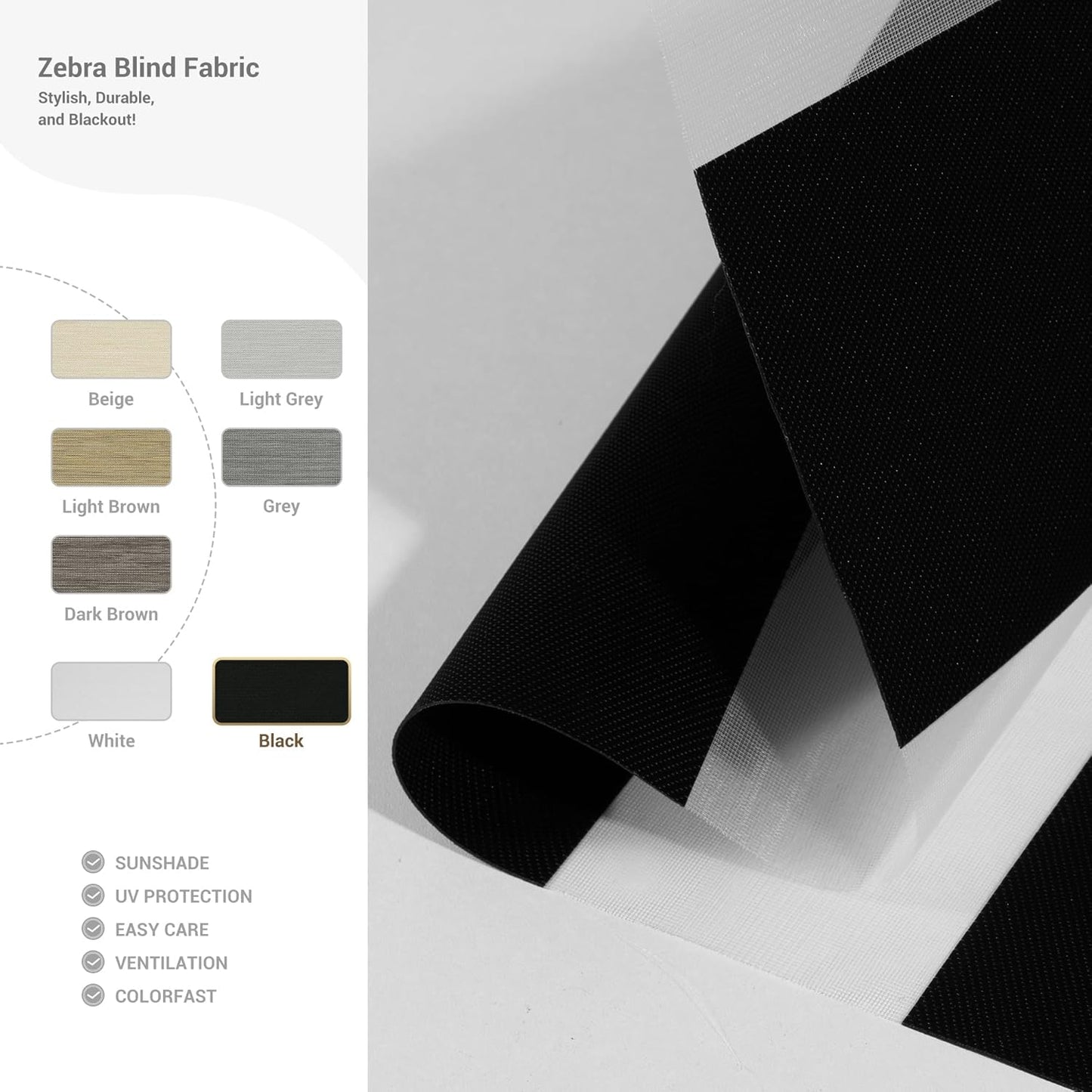 Cordless Zebra Blinds for Windows, Blackout Interior Blinds,Easy to Install,UV Protection,for Offices and Home,Custom Roller Shades, Solid Black, 76" W x 48" H