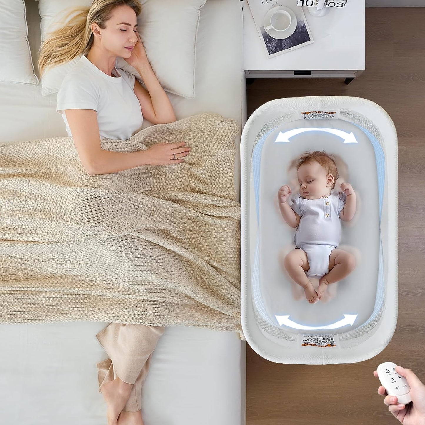 Electric Bassinet for Baby 3 Rocking Speeds, Auto Bedside Sleeper with 8 Soothing Music, Rocking Bassinet for Infant, Grey
