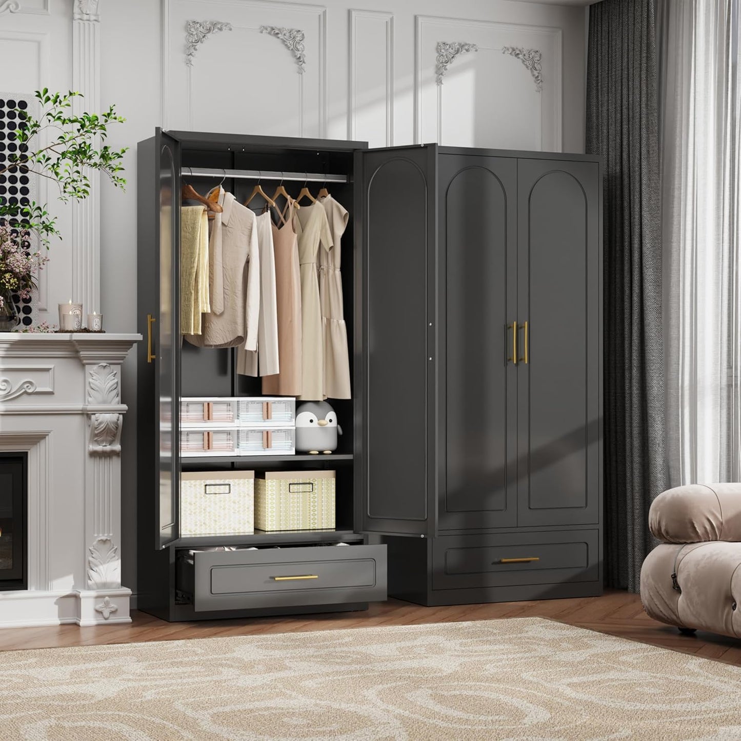 71" Metal Armoire Wardrobe Closet with 2 Doors and Drawer, Tall Wardrobe Cabinet with Hanging Rod and Adjustable Shelves, Black Clothing Storage Cabinets for Bedroom, Home Office