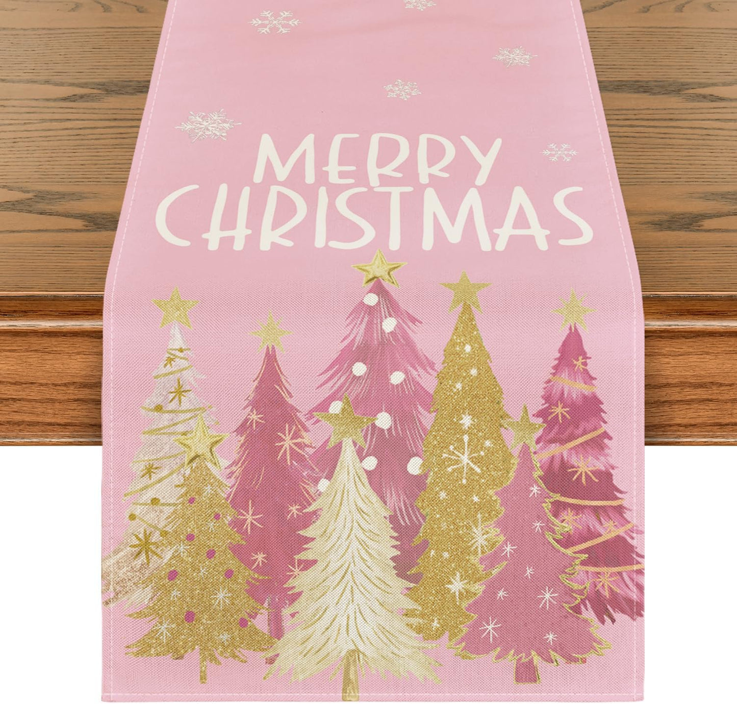 Artoid Mode Xmas Trees Snowflakes Pink Merry Christmas Table Runner, Winter Seasonal Kitchen Dining Table Decoration for Home Party Decor 13x48 Inch