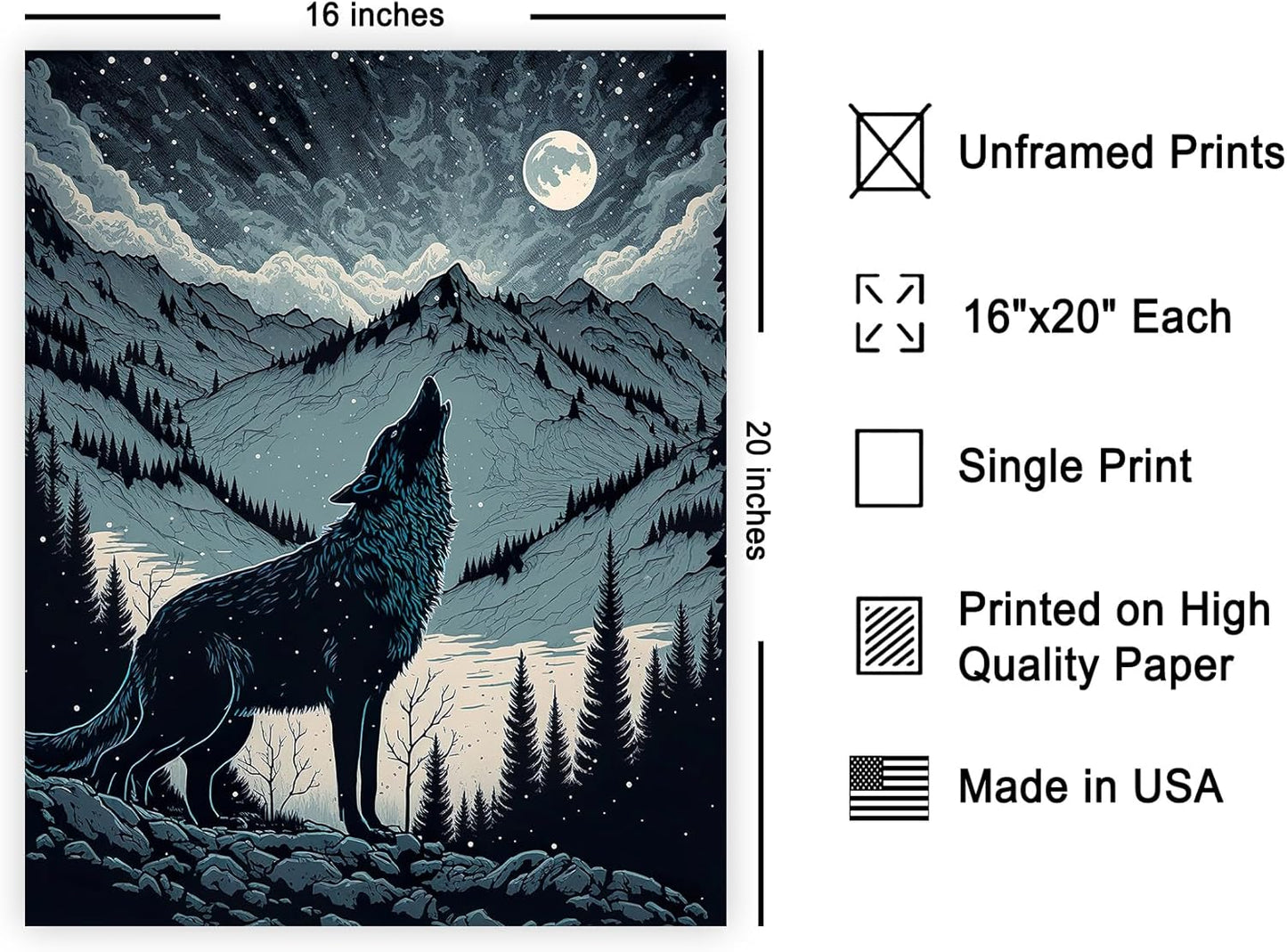 Poster Master Howling Wolf Poster - Moon Print - Mountain Art - Wolf & Moon Art - Gift for Men, Women & Animal Lover - Landscape Decor for Bedroom, Living Room or Kid's Room - 16x20 UNFRAMED Wall Art