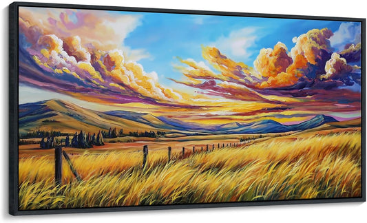 QZQCBLC Yellow Canvas Wall Art, Fall Grass Clouds Landscape Paintings Artwork Endless Mountain Range Rustic Scenery Wall Pictures for Living room Bathroom Bedroom Home Office Decor 20x40 IN