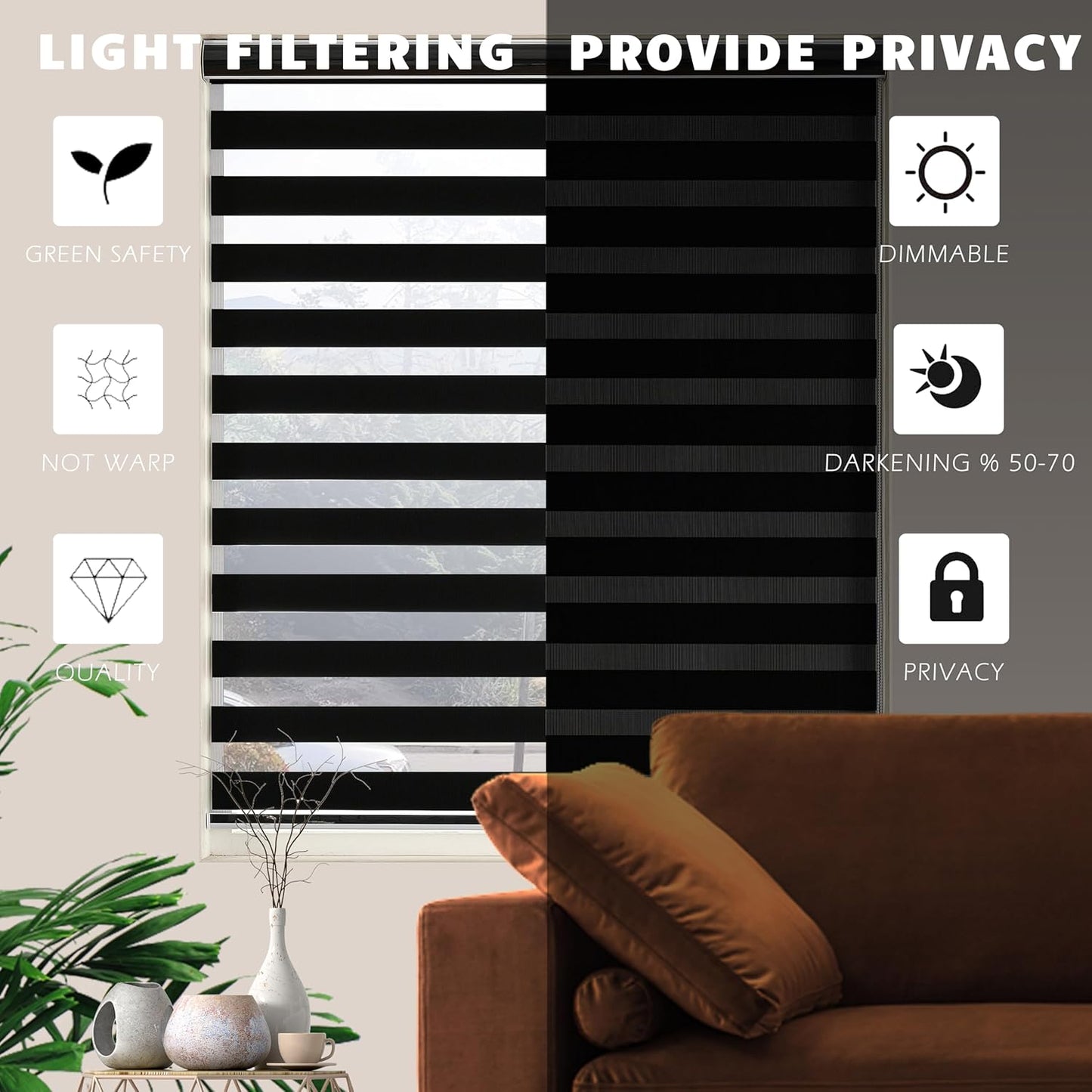 Blackout Zebra Blinds, Dual Layer Free-Stop, Room Darkening Zebra Shades, Blinds for Indoor Windows, Light Filtering Privacy Sheer Shade for Home(66" W X 72" H, Black)