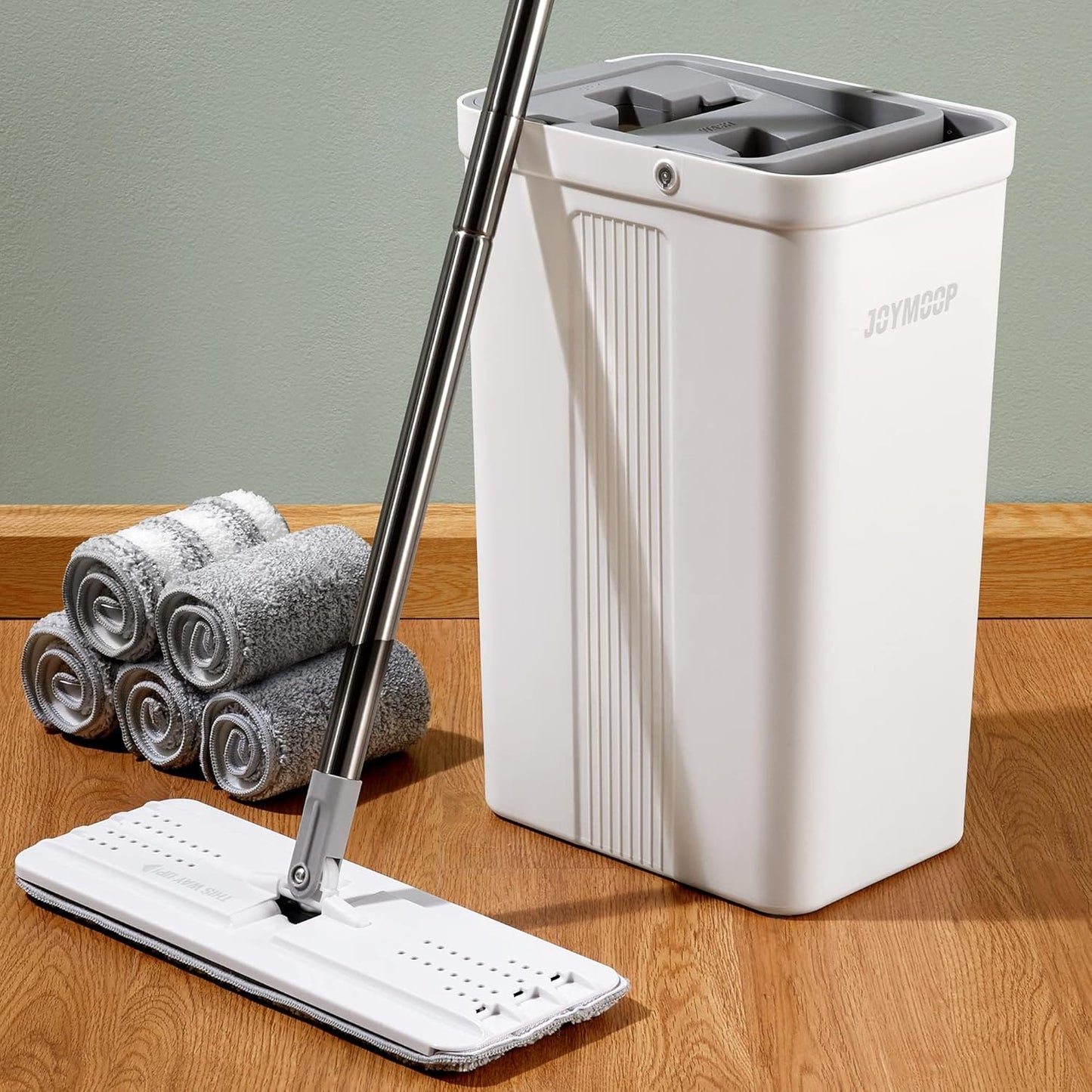 JOYMOOP Mop and Bucket with Wringer Set, White Flat Squeeze Mop Bucket Set for Floor Cleaning, Wet Dry Mop for Walls, Wall Cleaner with Long Handle, Hardwood Floor Mop-5 Microfiber Cloths