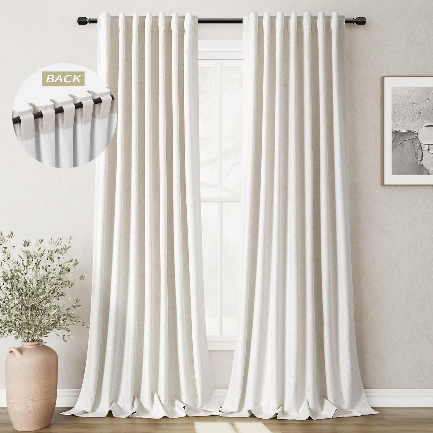BOODII Room Darkening Curtains 120 Inch Back Tab Thermal Insulated Black Out Linen Drapes Extra Long Blackout Curtains for Patio Door Large Window Ceiling to Floor Light Blocking Natural Cream 52x120