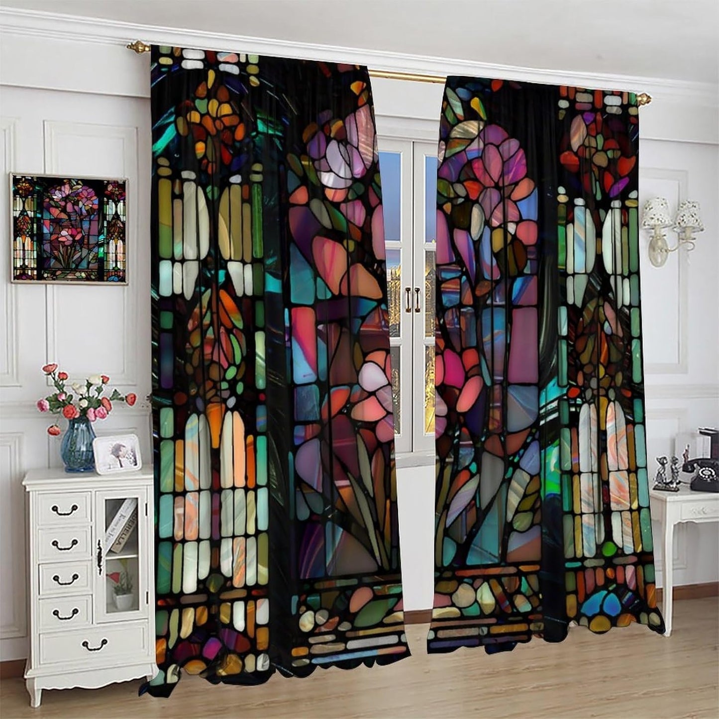 Stained Glass Curtains,Vintage Colorful Abstract Art Home Decor Drapes for Bedroom Living Room Kitchen Window Treatment 2 Panels Set Total Size 52" W X 84" L Inch