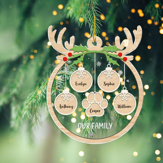 Personalized Family Christmas Acrylic Ornament 2024 - Custom Name Charms Family Members up to 10 People and Pets, Paw Charm Ornament Gifts for Family Tree Decoration (A01, 4 Names)