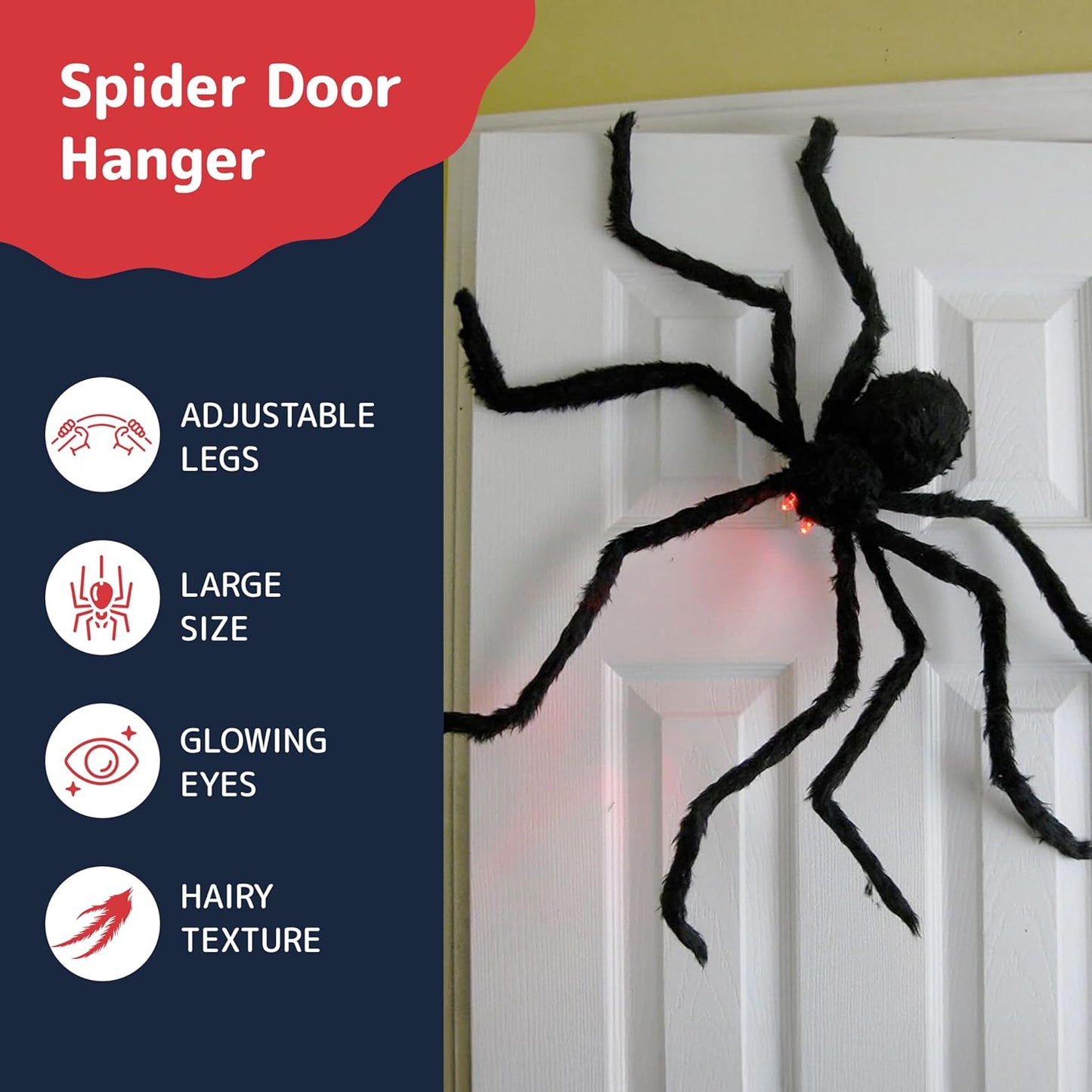 PREXTEX Halloween Spider with Light Up Eyes (LED Lights) - Decorations 4 Ft Hairy Spider Prop with Giant LED Red Eyes - Halloween Decor for Indoor, Outdoor, Golf Cart, Wall - Door Hanger