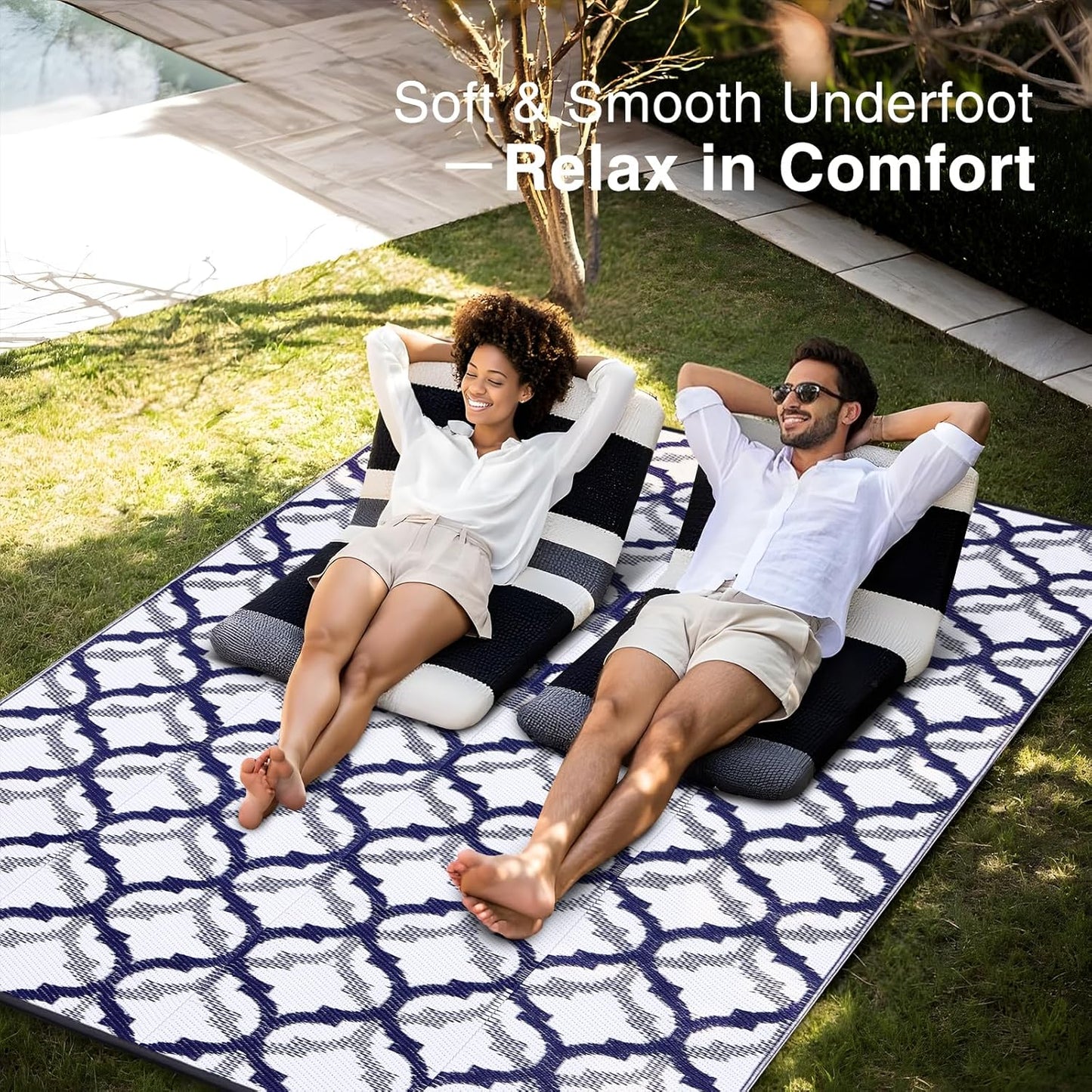 OLANLY Reversible Outdoor Rug 6x9 ft Clearance, Waterproof Outdoor Plastic Straw Rug with Interlacing Pattern, RV Mat for Patio, Camping, Balcony, Deck, Backyard, Navy & White