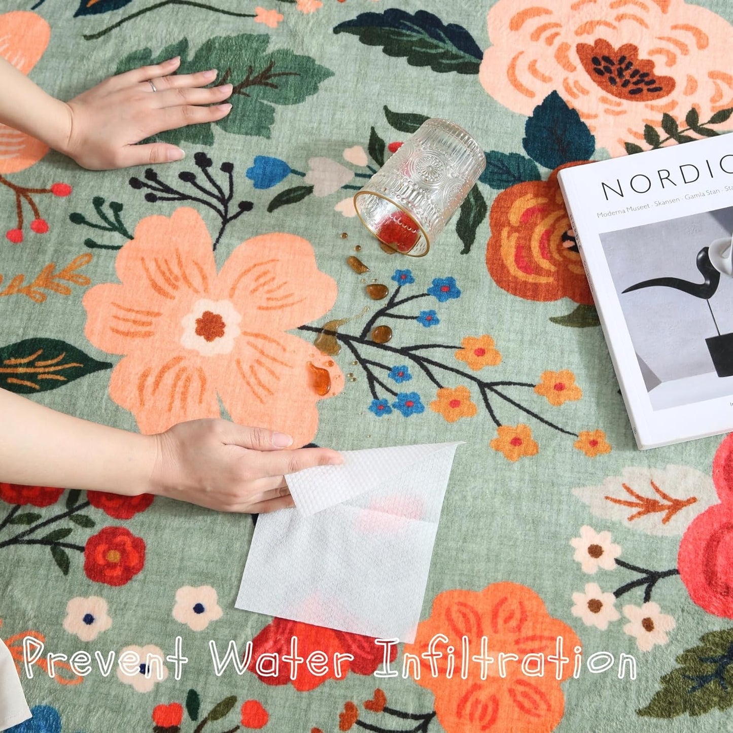 Living Room Rug 5x7 Rug Machine Washable Boho Area Rug Non Slip Floral Vintage Low Pile Large Rugs for Living Room, Bedroom, Farmhouse, Dining Room, Kids Playroom(Green)