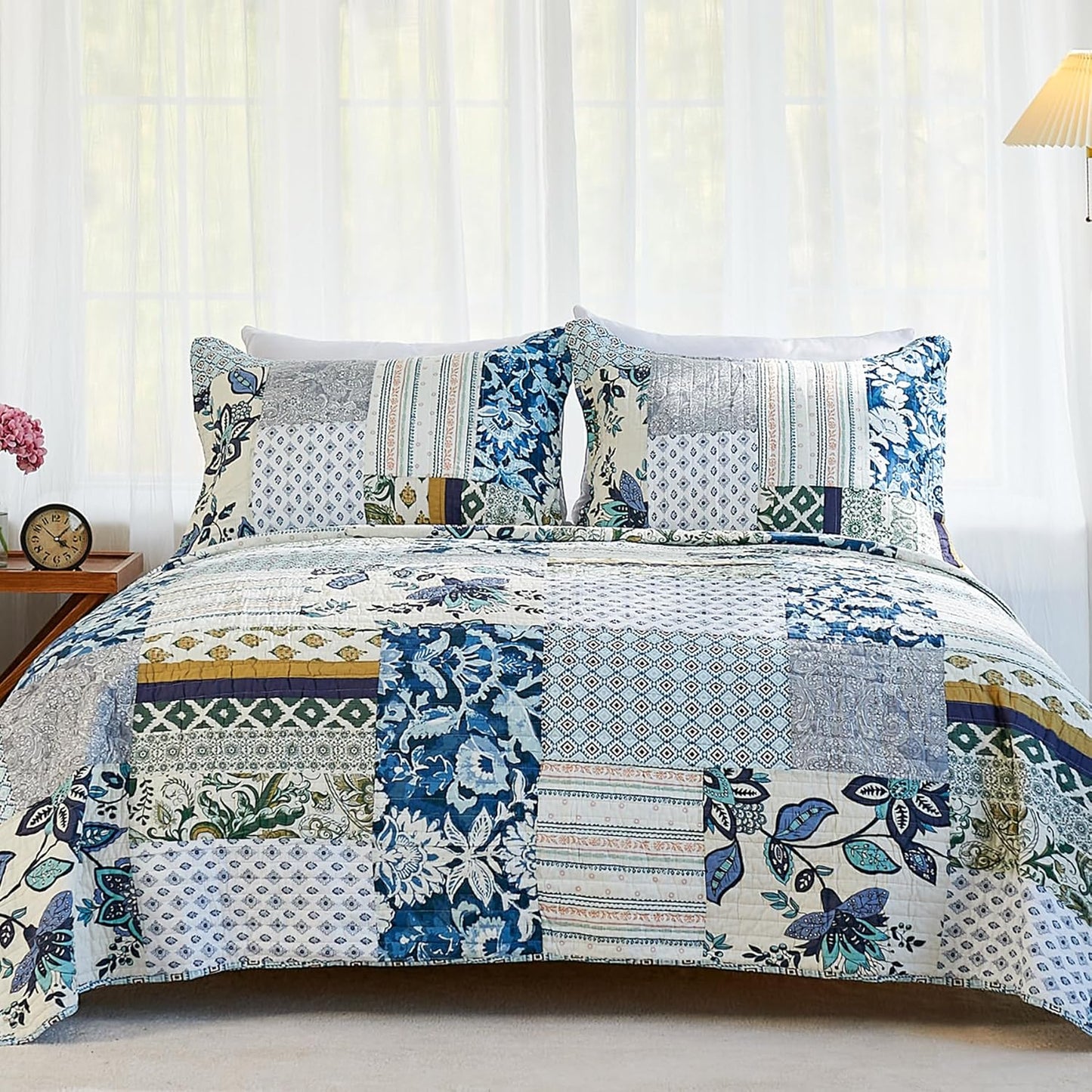 Secgo Queen Comforter Set for Bed - 100% Cotton Quilts Queen Size, Green, Sage Bedspreads (90 * 98 Inch) with 2 Pillow Shams, Patchwork Reversible Lightweight Bedding