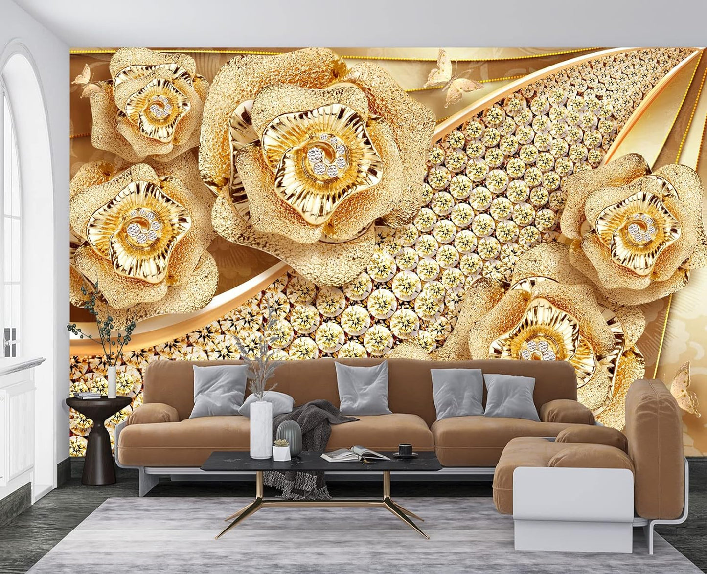 Golden Jewelry Diamond Rose Butterfly Wall Mural Wallpaper for Bedroom 137" x 100"