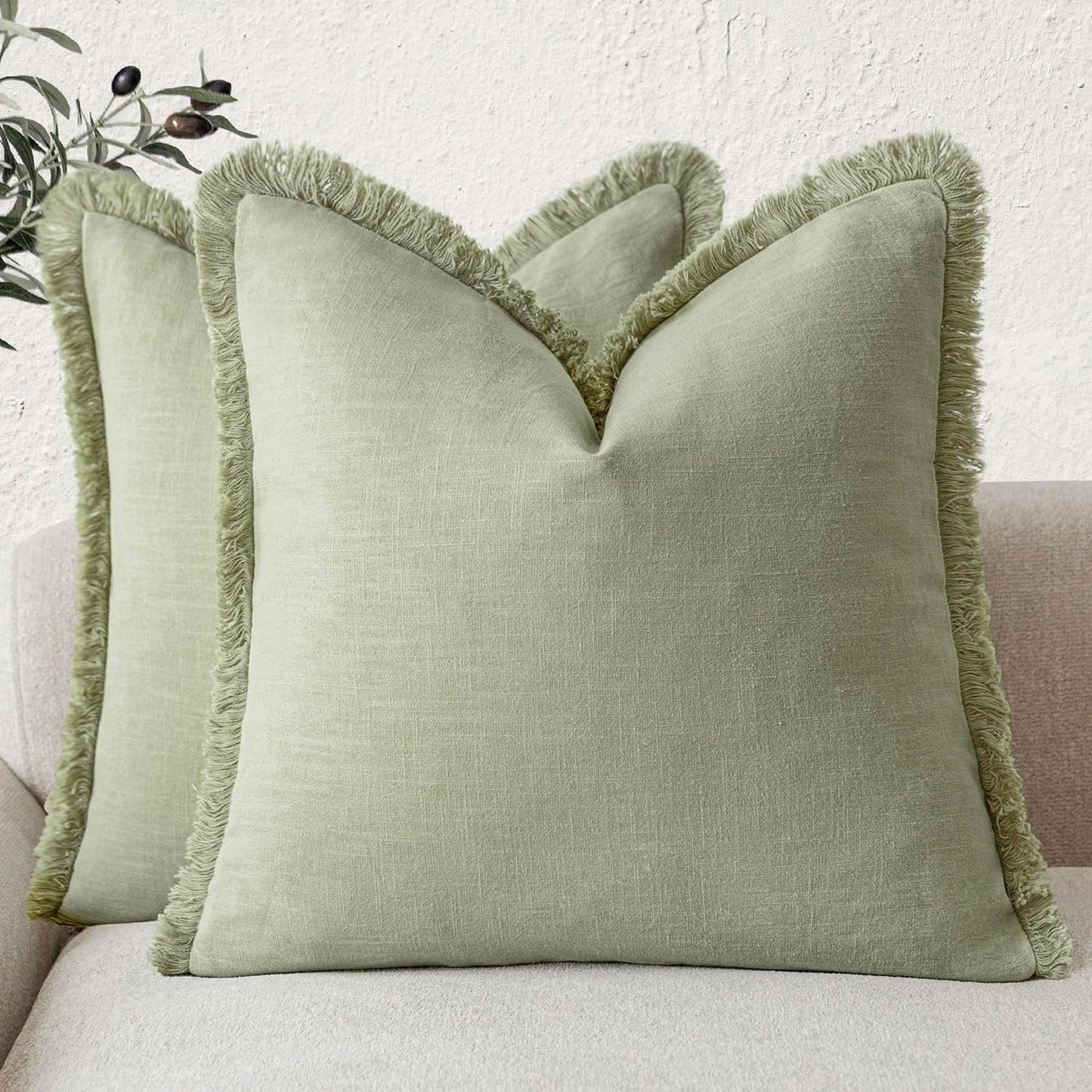 Foindtower Set of 2 Decorative Linen Fringe Throw Pillow Covers Cozy Boho Farmhouse Cushion Cover with Tassels Accent Pillowcase for Couch Sofa Bed Living Room Home Decor,26×26 Inch,Light Sage Green