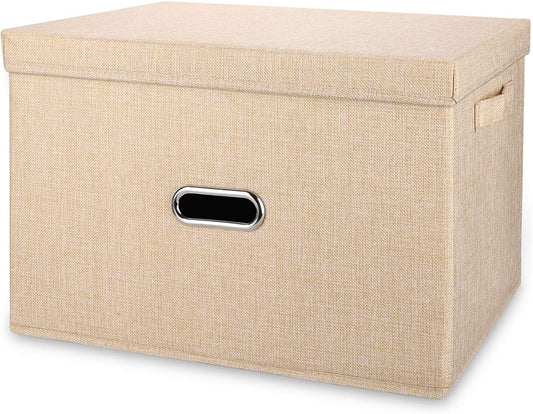 Large Linen Fabric Foldable Storage Bins with Removable Lid and Handles, Washable Storage Box Organizer Containers Baskets Cube with Cover for Bedroom,Closet,Office (Khaki, Extra Large)
