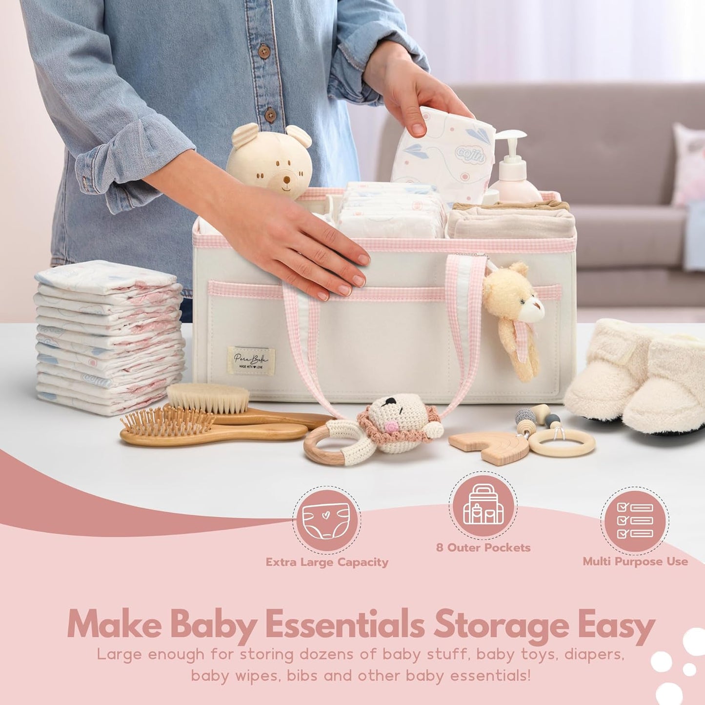 PeraBella Diaper Caddy Organizer with Handle, Baby Shower Gifts Basket Bag, Registry Search Must Haves Items, Nursery Storage Organizer for Newborn Girl Boy, Baby Bag Essentials, Car Diaper Caddy Cart