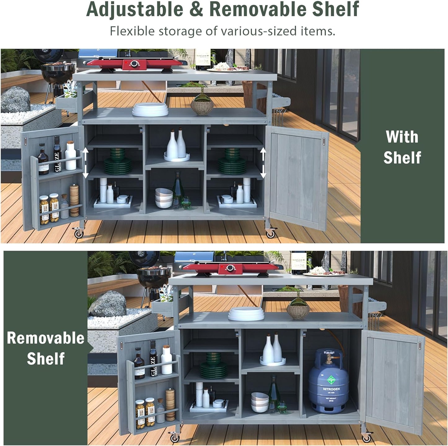 Outdoor Kitchen Island, Rolling Bar Cart & Storage Cabinet, Farmhouse Solid Wood Outdoor Grill Table with Stainless Steel Top, Spice Rack, Towel Rack for Kitchen & BBQ, Grey Blue