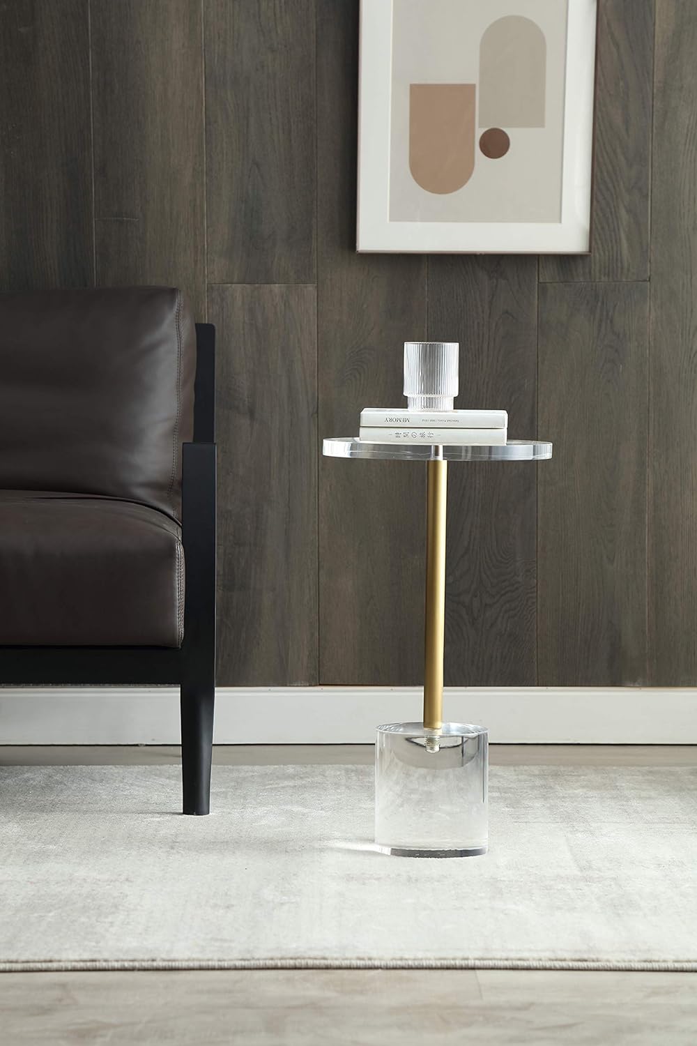 Clear Acrylic End Table,Side Table,Brushed Brass Metal,Round,for Office, Living Room and Bedroom,Easy Assembly,12x12 inch，21.3 inch high