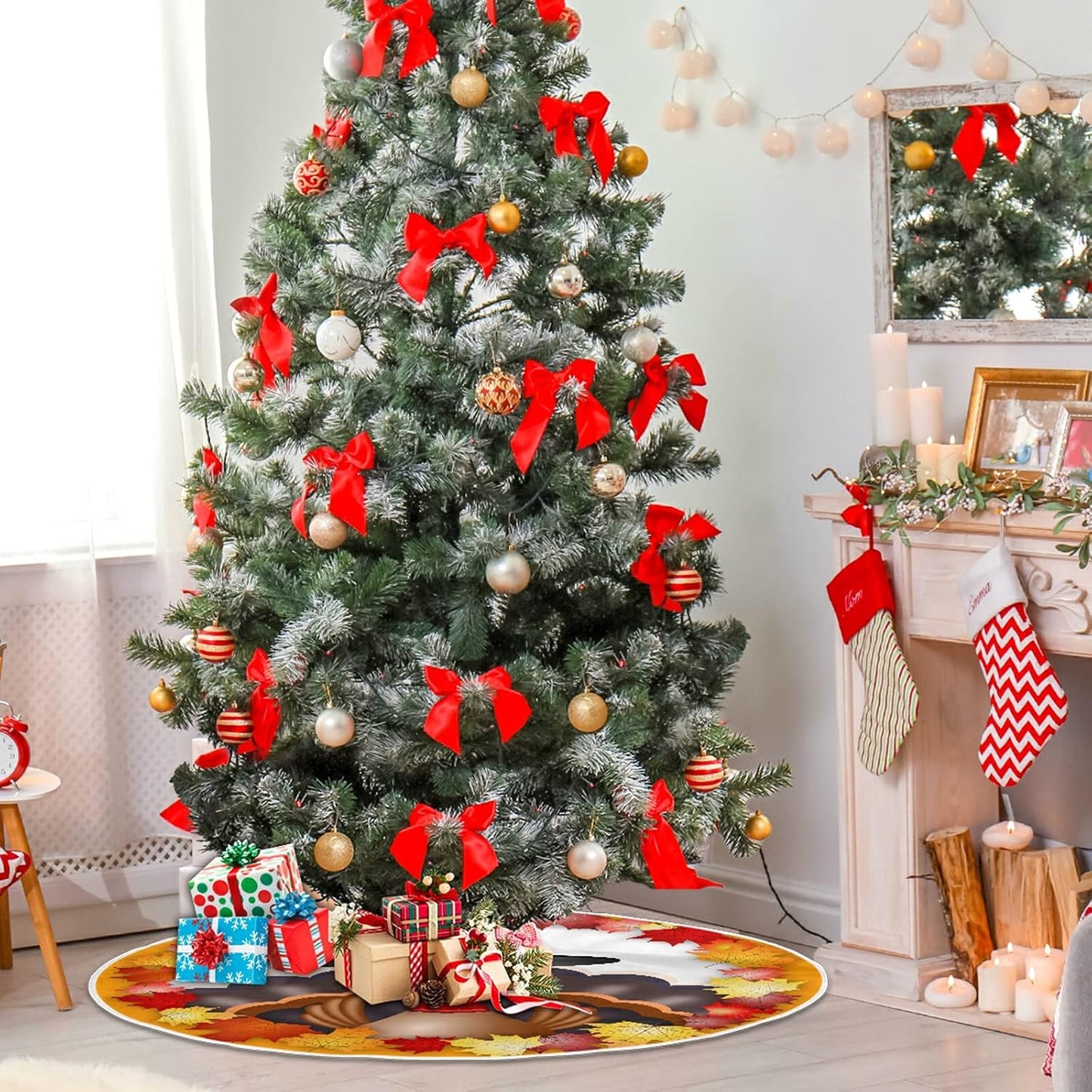 Thanksgiving Turkey Maple LeafTree Skirt, Seasonal Tree Mat Holiday Party Supplies Ornaments Indoor Outdoor Decorations for Tabletop Trees 47.2 Inches