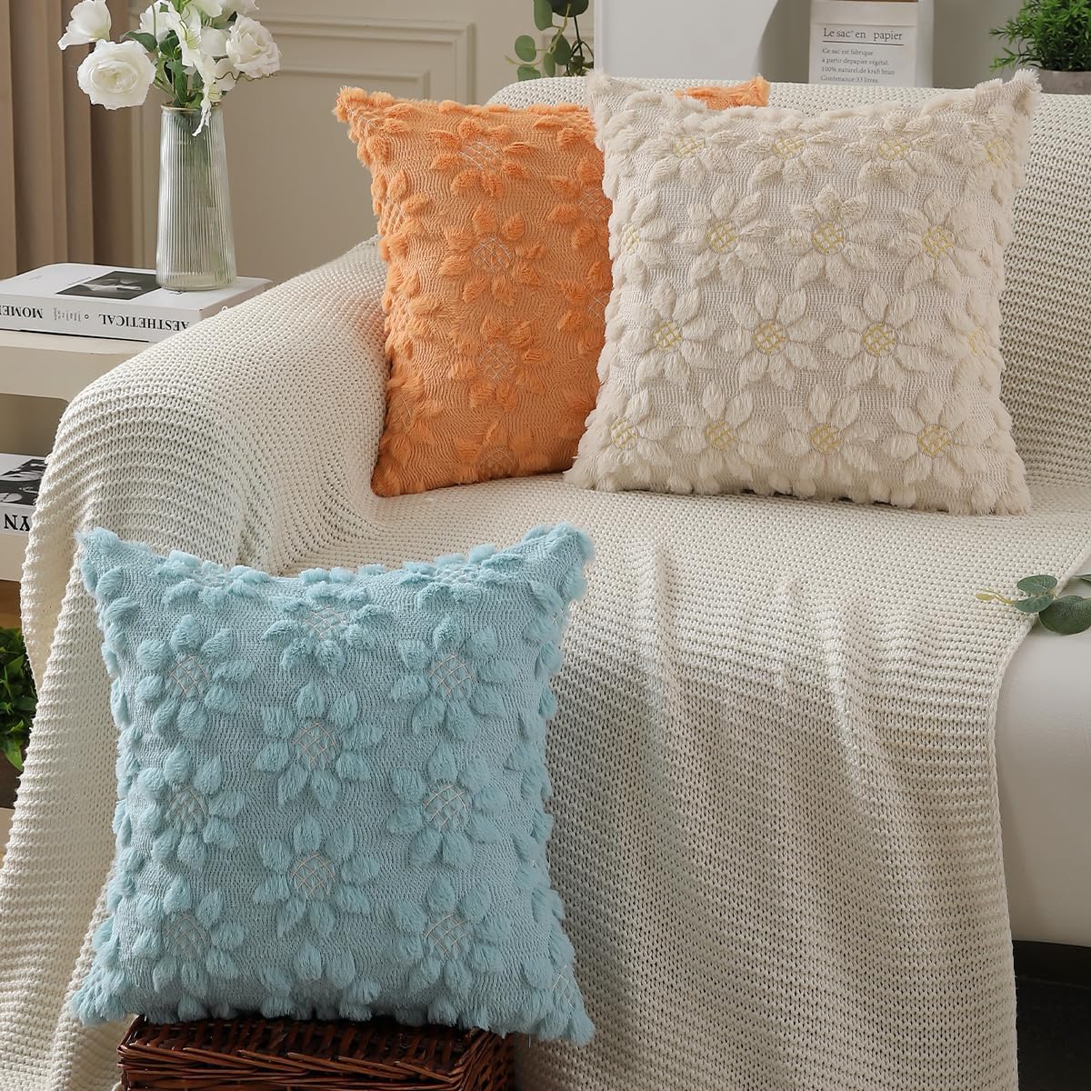 DFXSZ Spring Summer Pillow Covers 16x16 inch Set of 2 Farmhouse Decor Yellow Flower Heart Sunflower Beige Soft Plush Faux Fur Jacquard Throw Pillows for Sofa Holiday Spring Home Decor PTK024E16