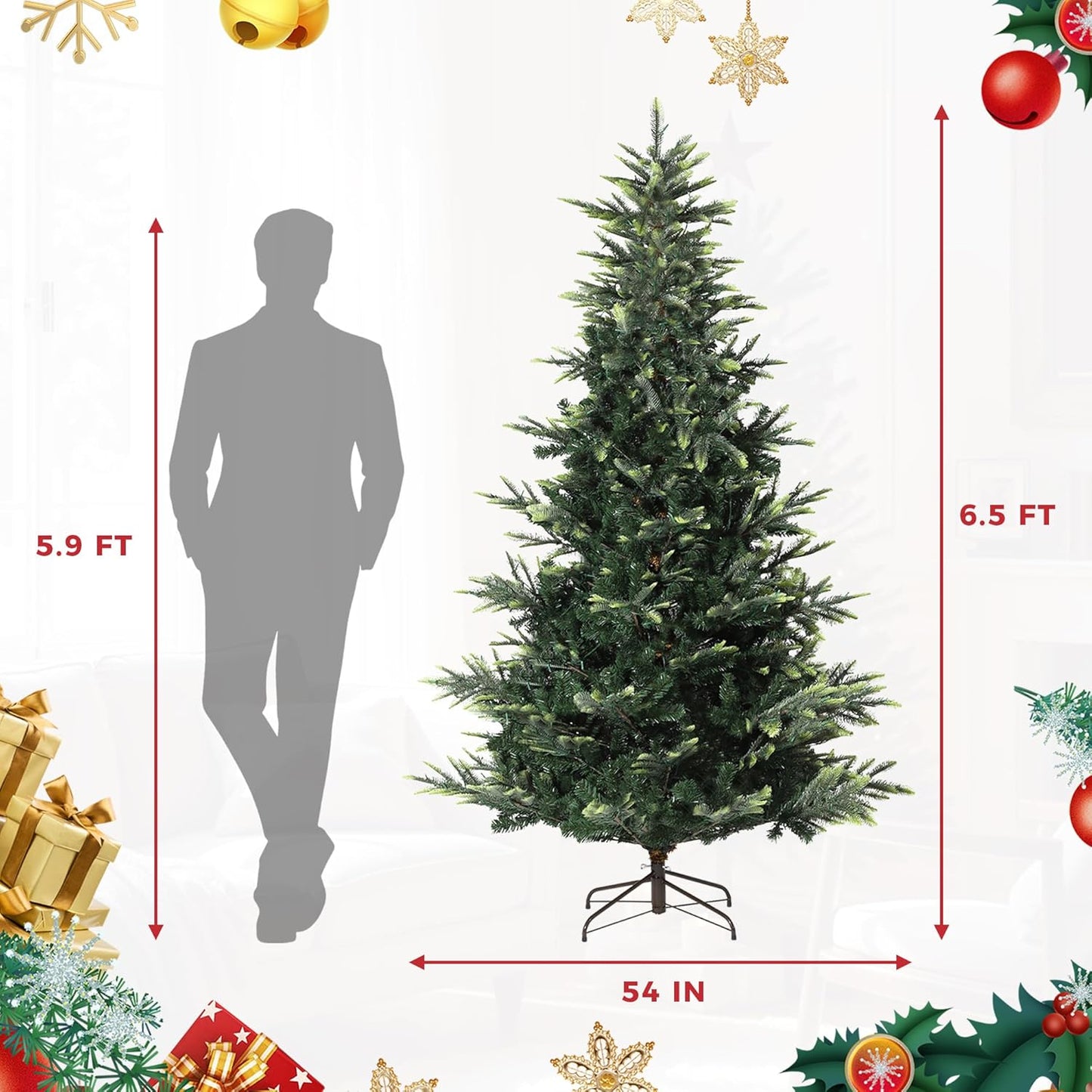 GarveeHome 6.5 FT Artificial Pre-lit Christmas Tree, Green PVC&PE Full Christmas Tree with 350 Warm White Lights for Home, Office, and Xmas Party Décor, Includes Stand