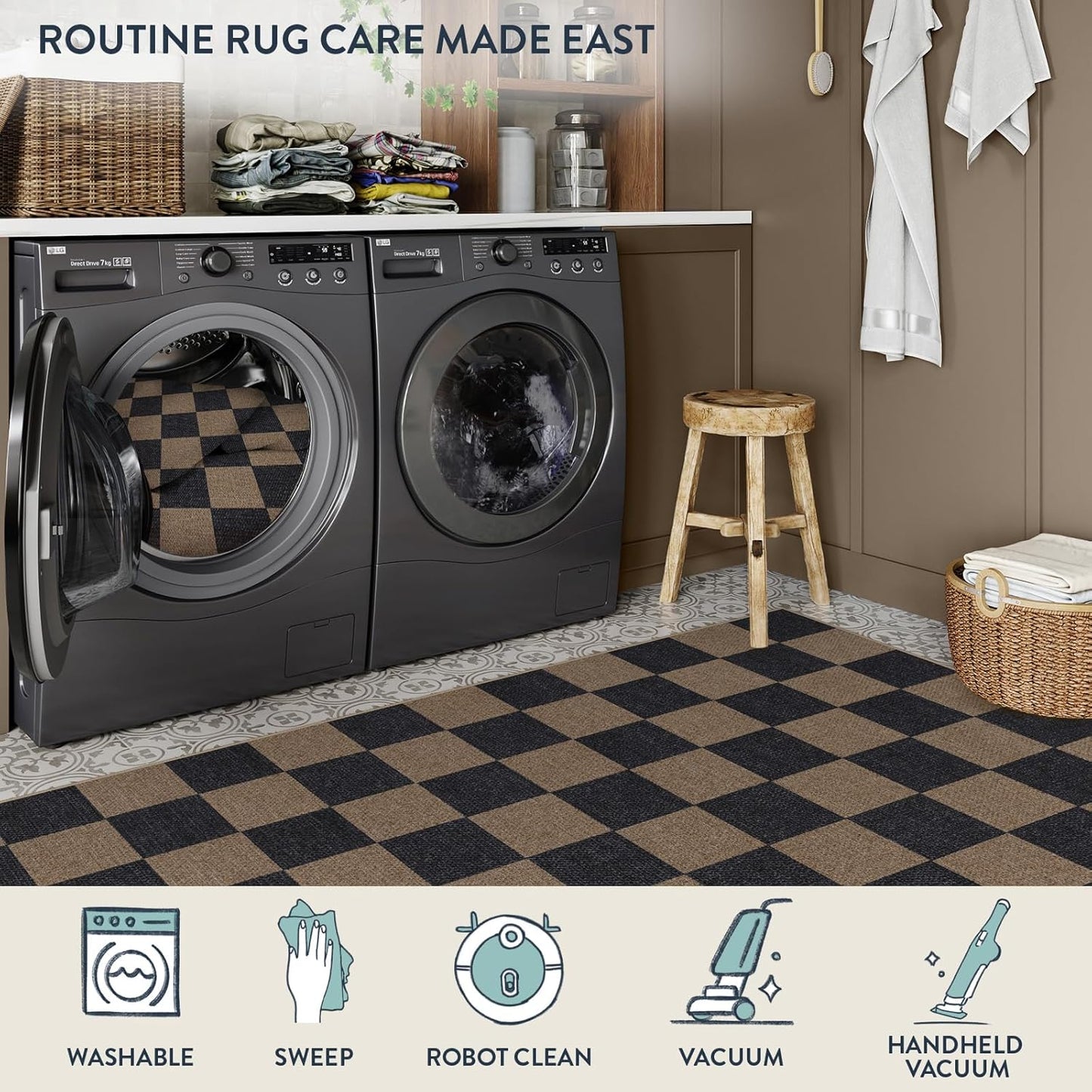 Lahome Checkered Easy Jute 3x5 Rug, Washable Rugs for Living Room Entryway Farmhouse Non Slip Black Outdoor Carpet, Checkerboard Indoor Door Mat for Entry Patio Deck