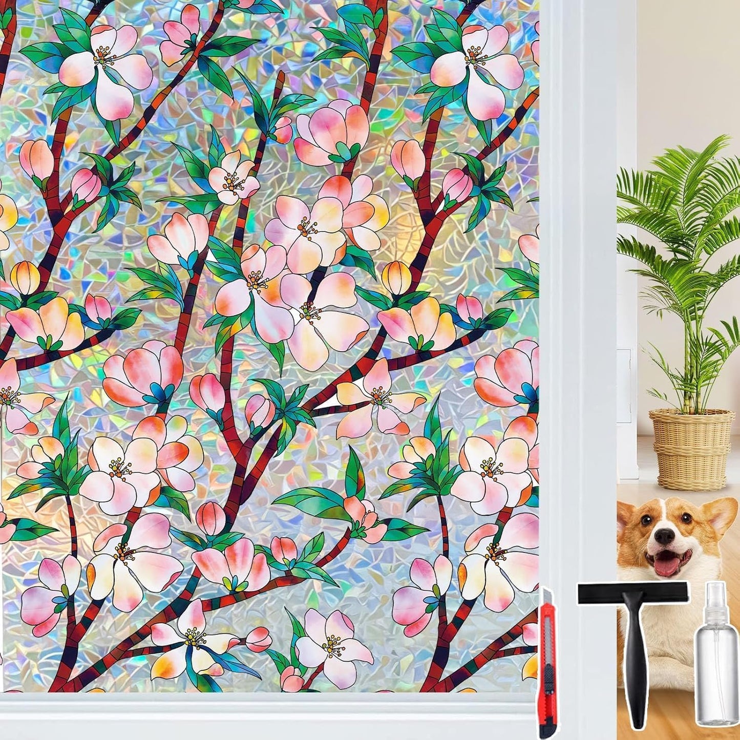 Rainbow Window Privacy Film Decorative, 3D Decals Stained Glass Clings, Static Cling Sticker, Suncatcher Windows Cover Tint for Home, 35.4 Inch x 78.7 Inch