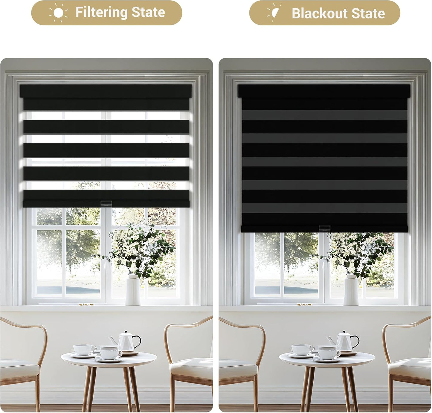Cordless Zebra Blinds for Windows, Blackout Interior Blinds,Easy to Install,UV Protection,for Offices and Home,Custom Roller Shades, Solid Black, 40" W x 80" H