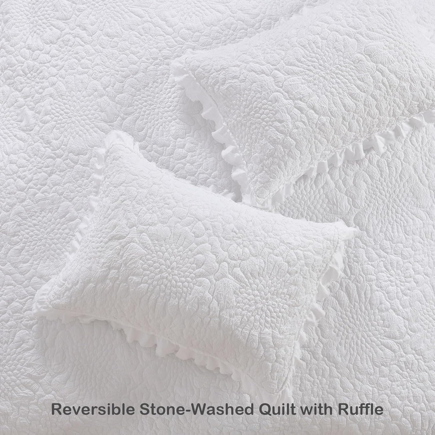 HORIMOTE HOME White Ruffled Quilt Twin Size, Stone-Washed Microfiber Lightweight Crinkled Farmhouse Rustic Shabby Chic Bedding Set, 2 Pieces Reversible Bedspread with Pillow Sham for All Season