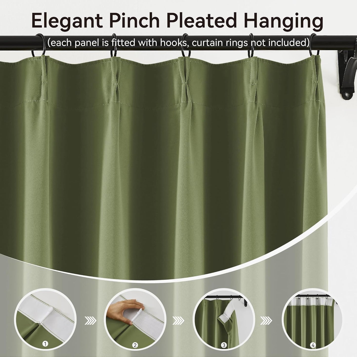 KangBang 2 PCs Sage Green Wide Blackout Curtains 95 Inches Long, Pinch Pleated with Hooks Track System Darkening Custom Modern Stylish for Sliding Patio Door Living Room,60 Width by 95 inch Length