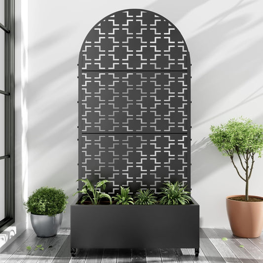 Casaphoria Metal Raised Garden Bed with Trellis and Wheels, 72"x35"x16" Arched Planter Box for Climbing Plants, Vegetables & Vines, Features Drainage Holes and Privacy Screen (Black-Brick)
