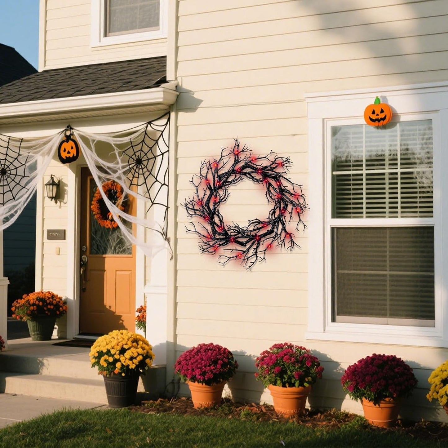 Halloween Black Branch Wreath - 20 Inch Glitter Black Twig Halloween Wreaths with Red Lights for Front Door Indoor Outdoor Party Window Wall Decor Farmhouse Garland Yard