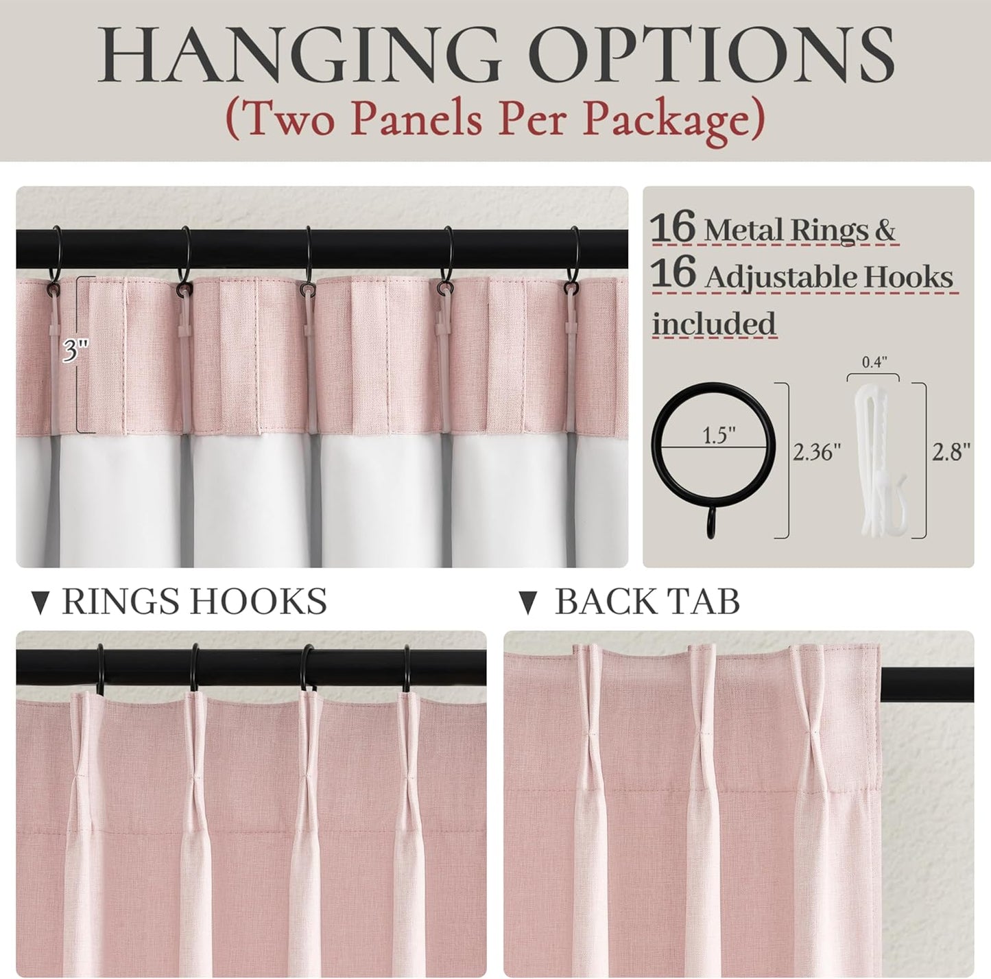 Baby Pink Blackout 102 Inch Long Curtains for Living Room, Farmhouse Textured Linen Pinch Pleat Thermal Insulated Boho Curtain 2 Panels Set for Sliding Glass Door 40 x 102 Length Window Drapes Burg