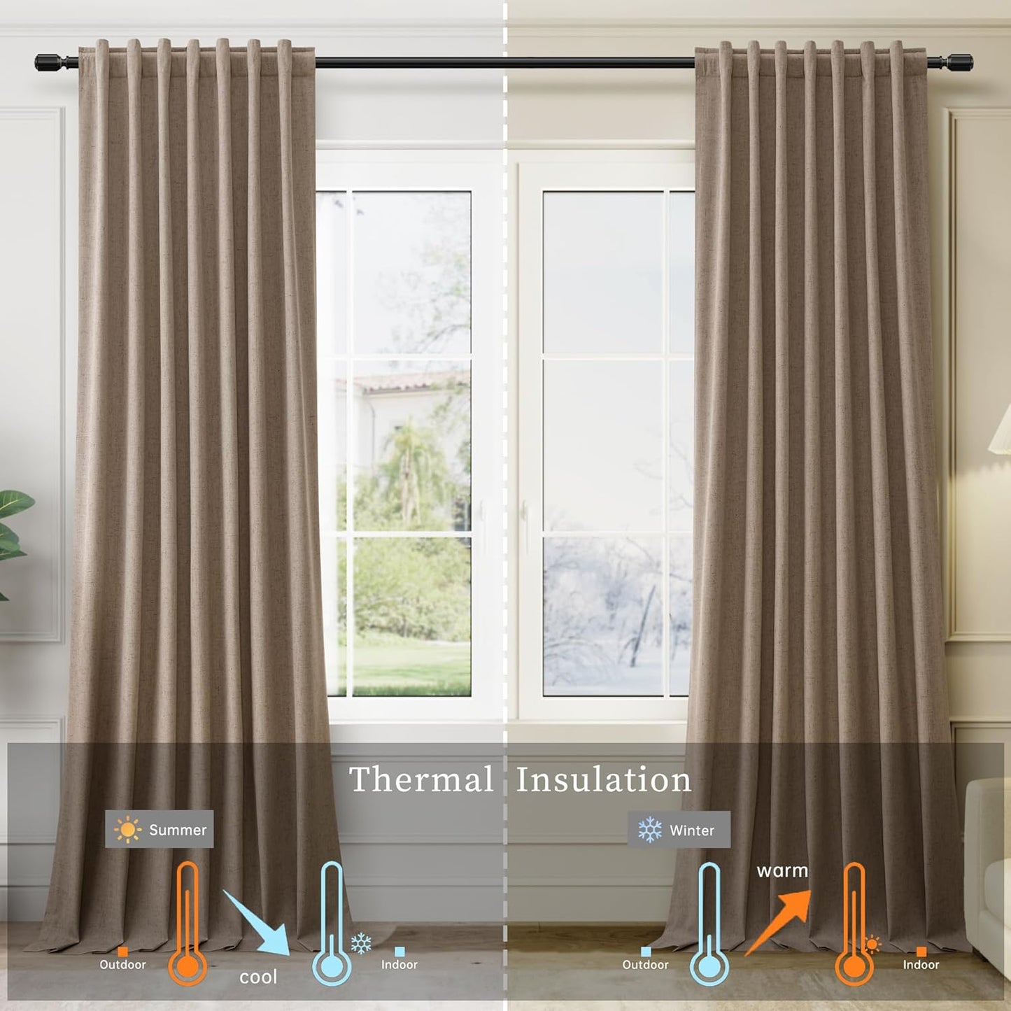 BOODII Linen Blackout Curtains for Bedroom 72 Inch Length 2 Panels Set Room Darkening Curtains Brown Black Out Curtain Neutral Thermal Insulated Living Room Winter Window Drapes Back Tab 52x72