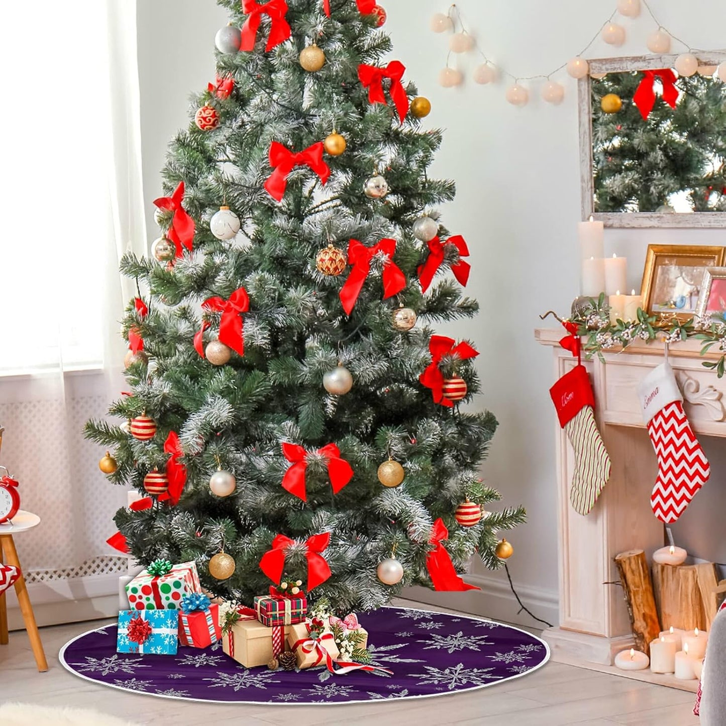 Christmas Snowflake Purple Tree Skirt, Seasonal Tree Mat Holiday Party Supplies Ornaments Indoor Outdoor Decorations for Tabletop Trees 35.4 Inches