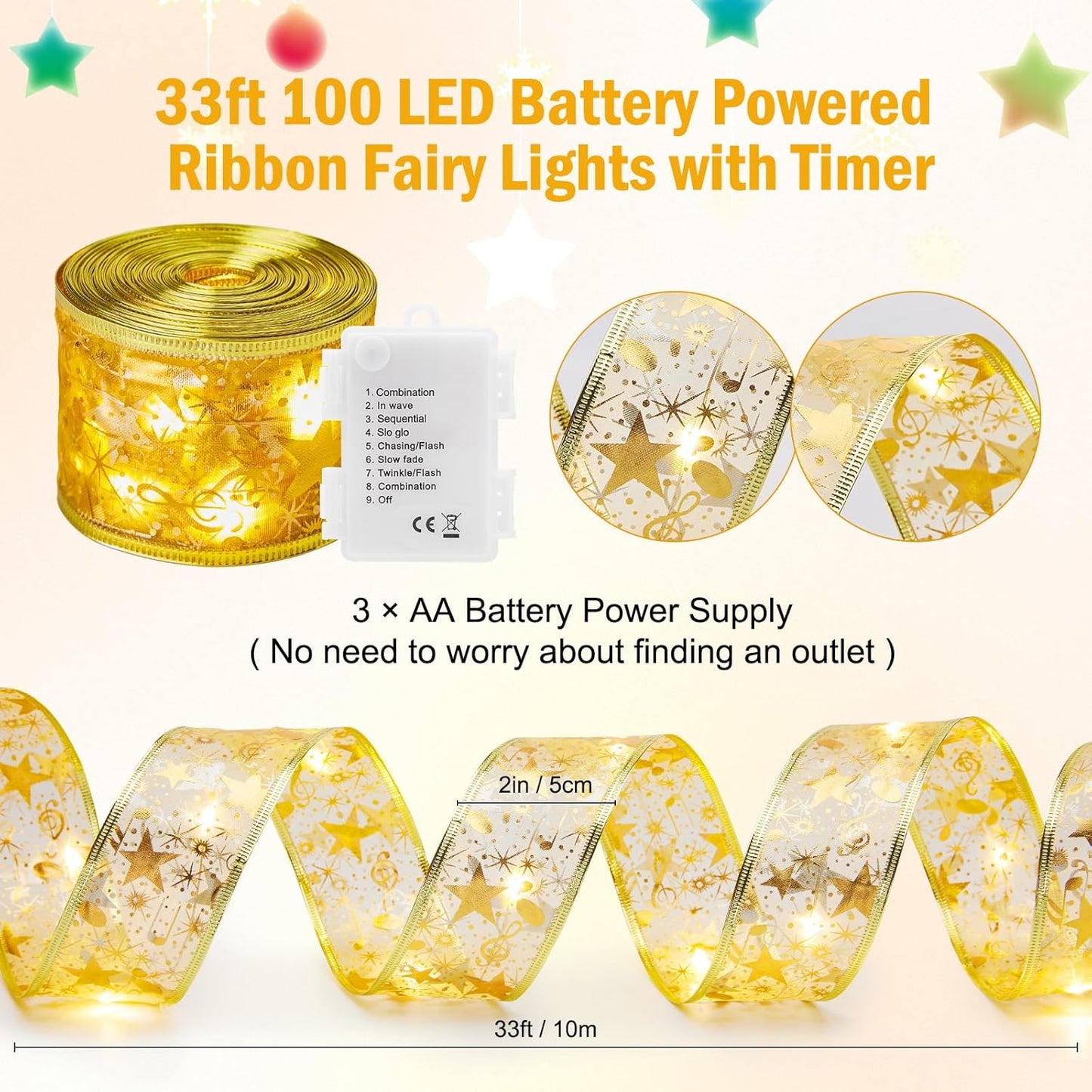 Minetom Christmas Tree Ribbon String Lights - 33ft 100 LED Battery Powered Fairy Lights with Timer