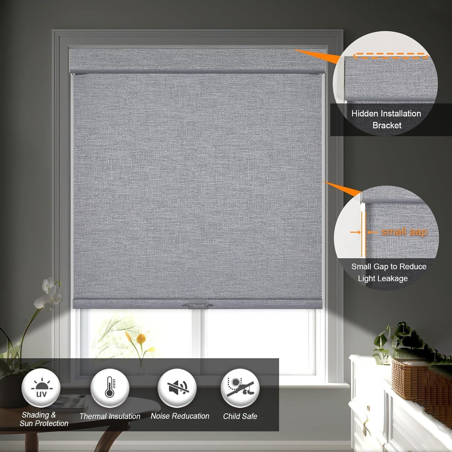 Persilux Blackout Roller Shades for Indoor Windows with Upgraded Cassette, Cordless Shades Window Blinds Pull Down for Doors, Easy to Install for Office/Living Room/Bedroom, Grey(48.5" W x 56" H)