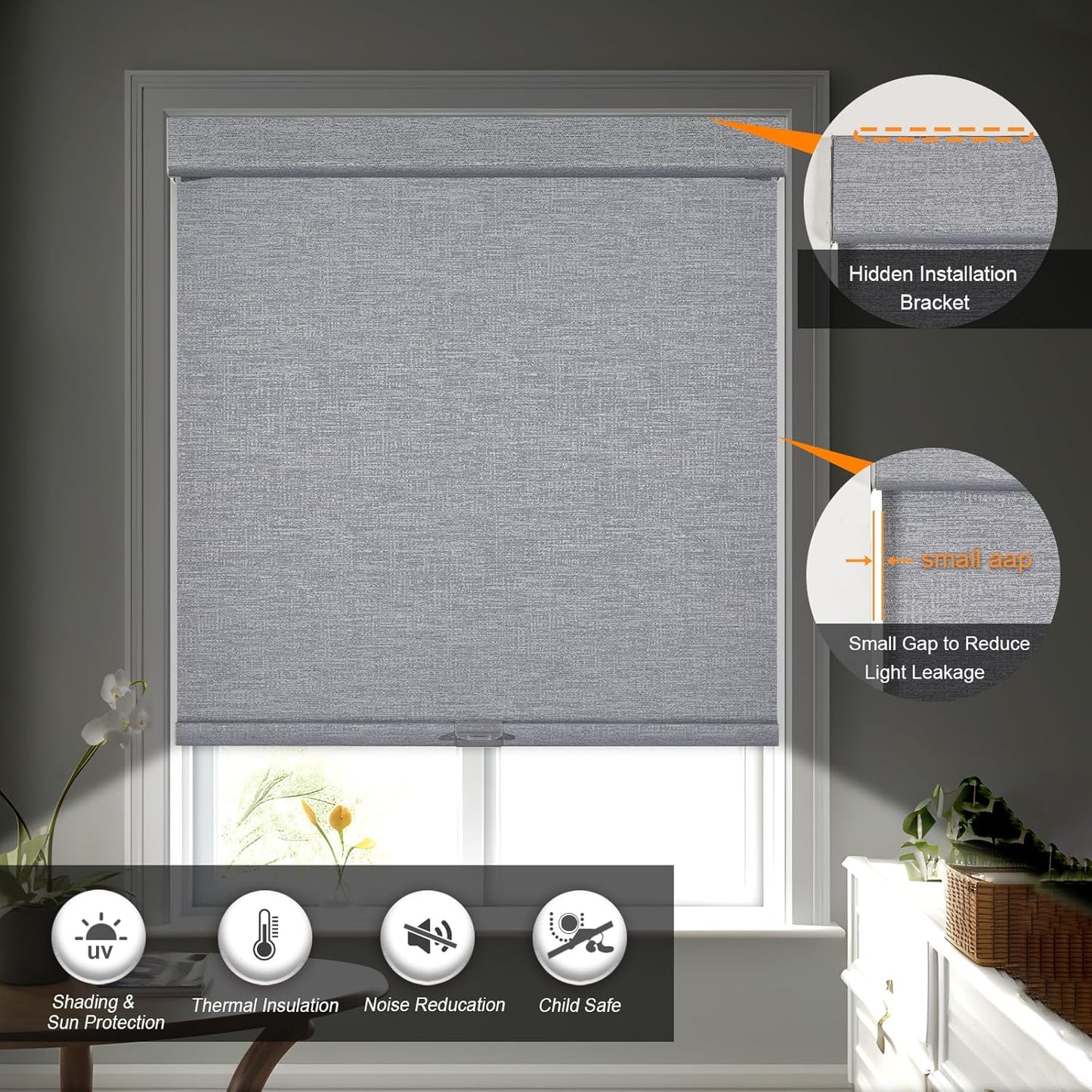 Persilux Blackout Roller Shades for Indoor Windows with Upgraded Cassette, Cordless Shades Window Blinds Pull Down for Doors, Easy to Install for Office/Living Room/Bedroom, Grey(52.5" W x 56" H)