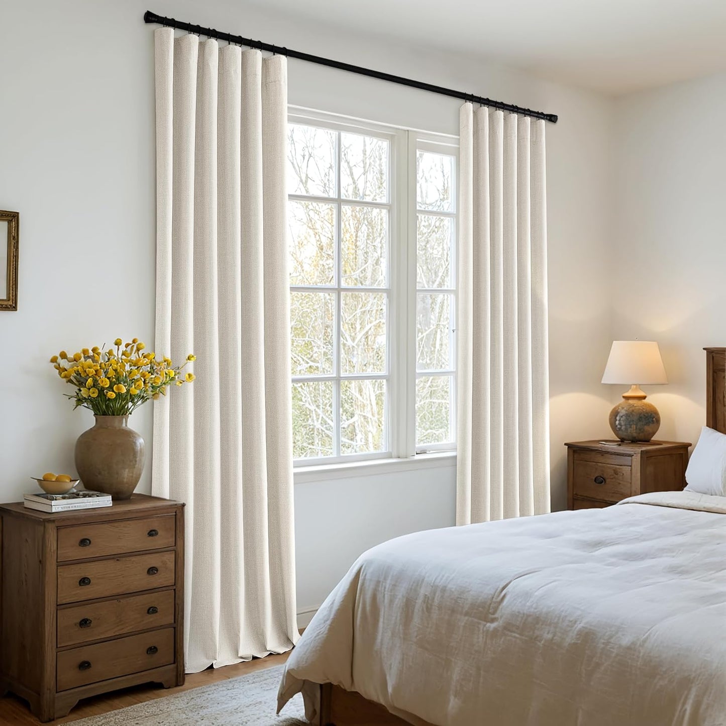MIULEE 100% Blackout Curtains 100 Inch Long 2 Panels Set for Bedroom, Thick Luxury Faux Linen Black Out Curtain Room Darkening Back Tab Pleat Window Textured Drapes with Hooks for Living Room, Birch
