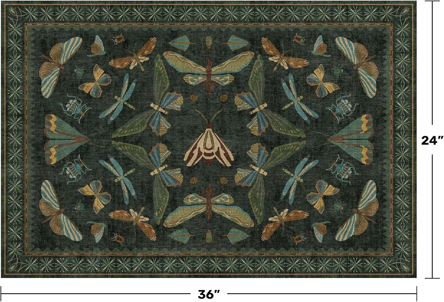 2x3 Entry Way Rugs Indoor - Dark Green Small Throw Rug for Kitchen, Bathroom, Insect Boho Design, Washable Non Slip Stain Resistant