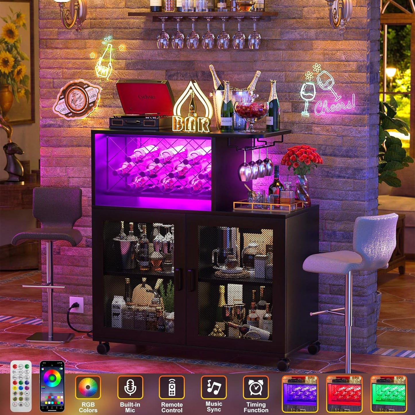 Wine Bar Cabinet with Wheels, Small Liquor Cabinet with LED Light, Home Bar Cart with Power Outlets, Coffee Bar with Wine Rack, Glasses Storage for Kitchen, Dining Room, Living Room, Black