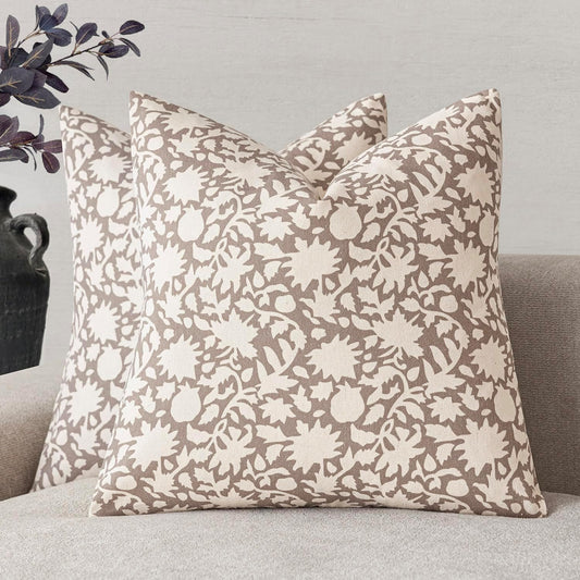 Foindtower Set of 2 Decorative Neutral Floral Throw Pillow Covers Accent Farmhouse Cushion Covers Boho Vintage Pillowcase for Couch Sofa Bedroom Living Room Home Decor Outdoor,18×18 Inch,Tan